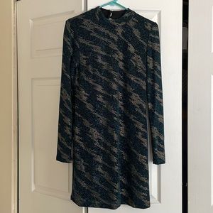 Topshop Black Green Gold Long Sleeve Bodycon Fitted Party Dress Size 8